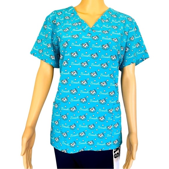 Prints by Maeven medical scrub top blue teeth print short sleeve front pockets L - Picture 1 of 11